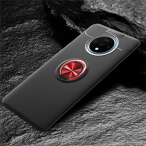 Ultra-thin Silicone Gel Soft Case Cover with Magnetic Finger Ring Stand T02 for OnePlus 7T Red and Black