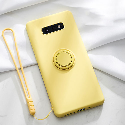 Ultra-thin Silicone Gel Soft Case Cover with Magnetic Finger Ring Stand T02 for Samsung Galaxy S10e Yellow