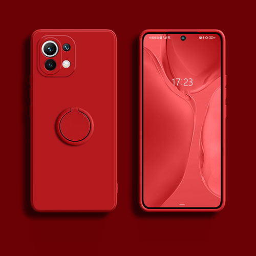 Ultra-thin Silicone Gel Soft Case Cover with Magnetic Finger Ring Stand T02 for Xiaomi Mi 11 5G Red
