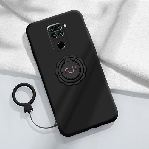Ultra-thin Silicone Gel Soft Case Cover with Magnetic Finger Ring Stand T02 for Xiaomi Redmi Note 9 Black