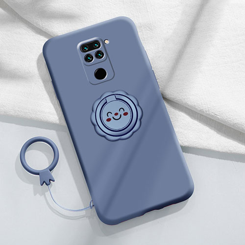 Ultra-thin Silicone Gel Soft Case Cover with Magnetic Finger Ring Stand T02 for Xiaomi Redmi Note 9 Gray