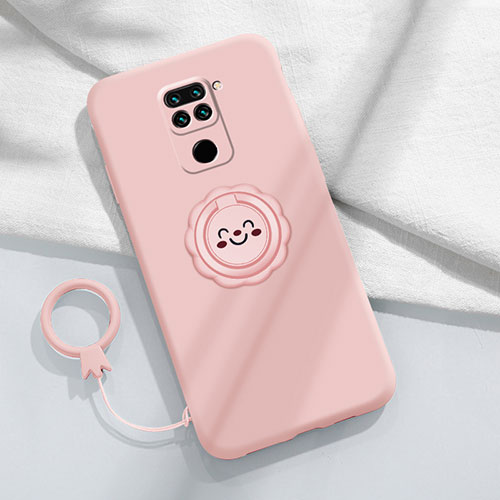 Ultra-thin Silicone Gel Soft Case Cover with Magnetic Finger Ring Stand T02 for Xiaomi Redmi Note 9 Pink