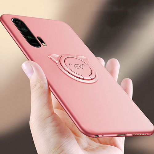Ultra-thin Silicone Gel Soft Case Cover with Magnetic Finger Ring Stand T03 for Huawei Honor 20 Pro Pink