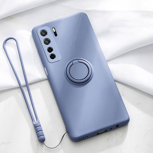 Ultra-thin Silicone Gel Soft Case Cover with Magnetic Finger Ring Stand T03 for Huawei Nova 7 SE 5G Purple