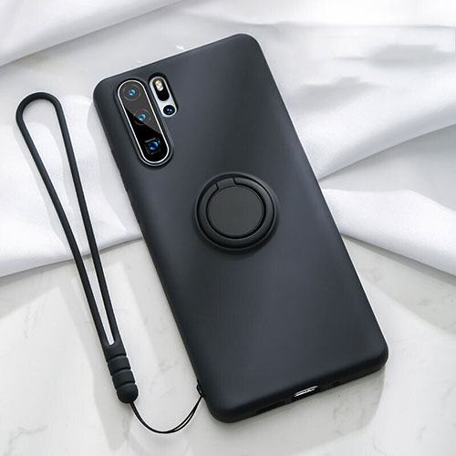 Ultra-thin Silicone Gel Soft Case Cover with Magnetic Finger Ring Stand T03 for Huawei P30 Pro Black