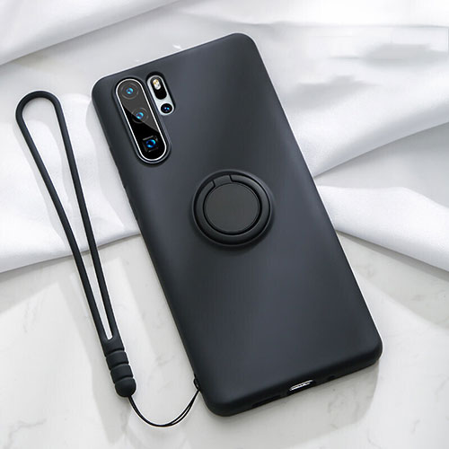 Ultra-thin Silicone Gel Soft Case Cover with Magnetic Finger Ring Stand T03 for Huawei P30 Pro New Edition Black