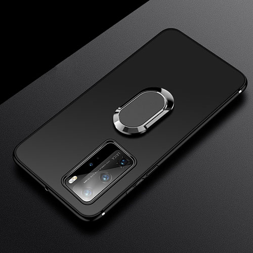 Ultra-thin Silicone Gel Soft Case Cover with Magnetic Finger Ring Stand T03 for Huawei P40 Pro Black