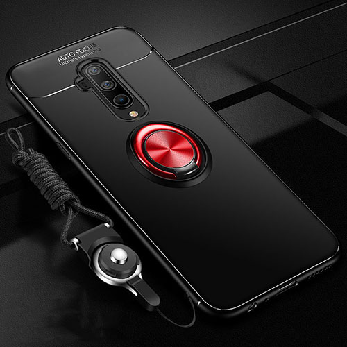 Ultra-thin Silicone Gel Soft Case Cover with Magnetic Finger Ring Stand T03 for OnePlus 7T Pro Red and Black