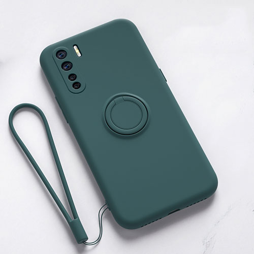 Ultra-thin Silicone Gel Soft Case Cover with Magnetic Finger Ring Stand T03 for Oppo A91 Green