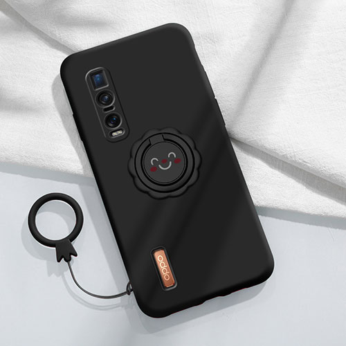 Ultra-thin Silicone Gel Soft Case Cover with Magnetic Finger Ring Stand T03 for Oppo Find X2 Pro Black
