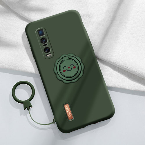 Ultra-thin Silicone Gel Soft Case Cover with Magnetic Finger Ring Stand T03 for Oppo Find X2 Pro Green