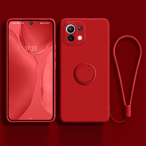 Ultra-thin Silicone Gel Soft Case Cover with Magnetic Finger Ring Stand T03 for Xiaomi Mi 11 5G Red