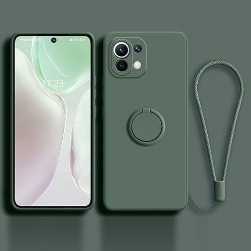 Ultra-thin Silicone Gel Soft Case Cover with Magnetic Finger Ring Stand T03 for Xiaomi Mi 11 Lite 5G Green