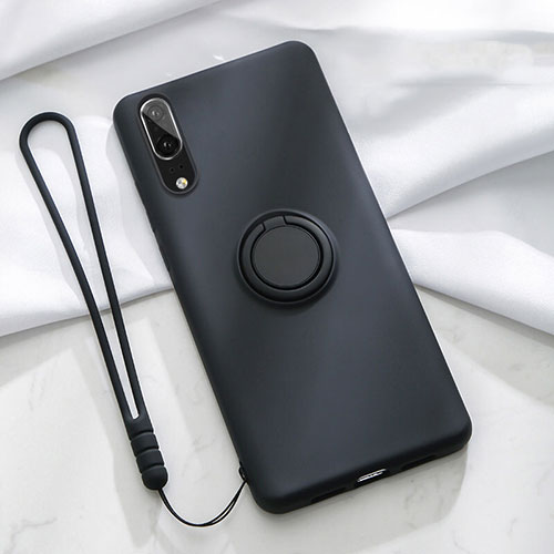 Ultra-thin Silicone Gel Soft Case Cover with Magnetic Finger Ring Stand T04 for Huawei P20 Black