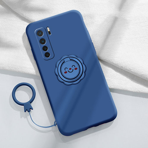Ultra-thin Silicone Gel Soft Case Cover with Magnetic Finger Ring Stand T04 for Huawei P40 Lite 5G Blue