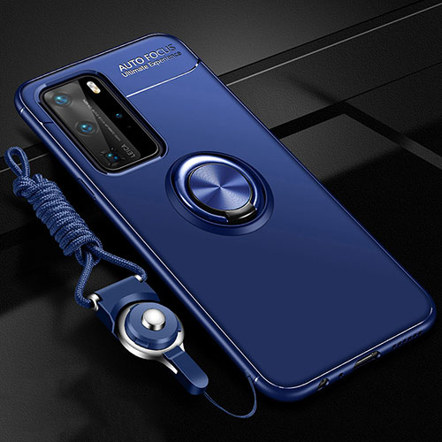 Ultra-thin Silicone Gel Soft Case Cover with Magnetic Finger Ring Stand T04 for Huawei P40 Pro Blue