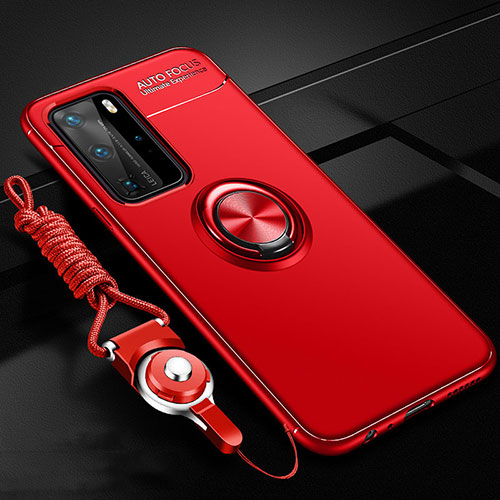 Ultra-thin Silicone Gel Soft Case Cover with Magnetic Finger Ring Stand T04 for Huawei P40 Pro Red