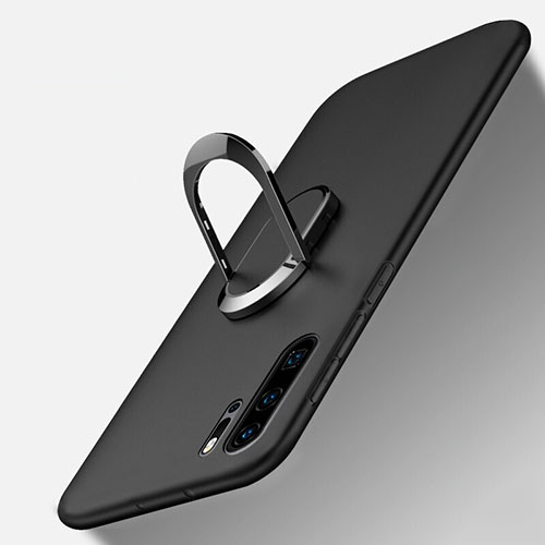 Ultra-thin Silicone Gel Soft Case Cover with Magnetic Finger Ring Stand T05 for Huawei P30 Pro New Edition Black