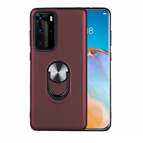Ultra-thin Silicone Gel Soft Case Cover with Magnetic Finger Ring Stand T05 for Huawei P40 Pro Red Wine