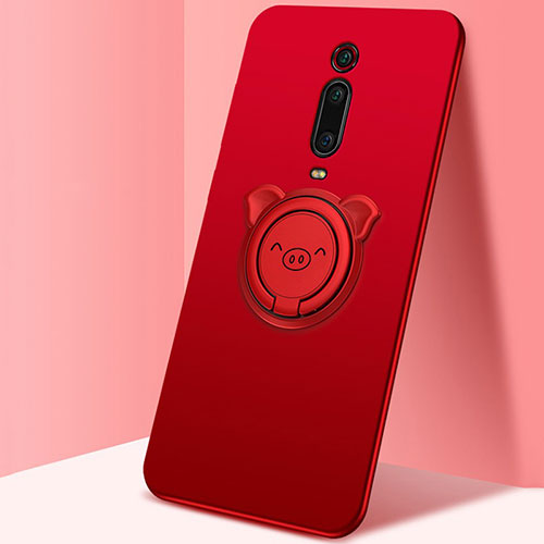 Ultra-thin Silicone Gel Soft Case Cover with Magnetic Finger Ring Stand T05 for Xiaomi Mi 9T Pro Red