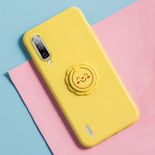 Ultra-thin Silicone Gel Soft Case Cover with Magnetic Finger Ring Stand T06 for Xiaomi Mi A3 Yellow