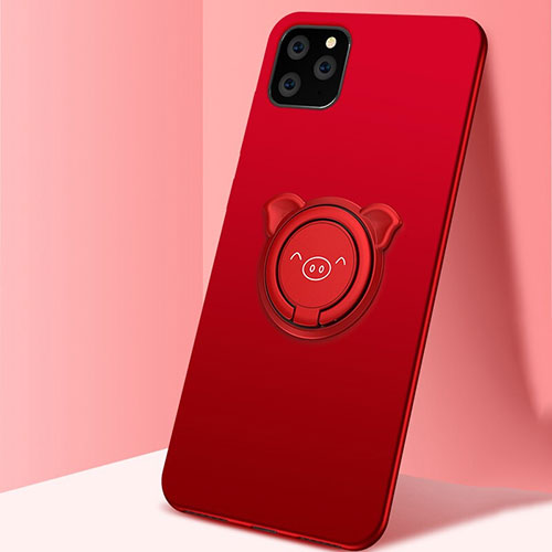 Ultra-thin Silicone Gel Soft Case Cover with Magnetic Finger Ring Stand T07 for Apple iPhone 11 Pro Max Red