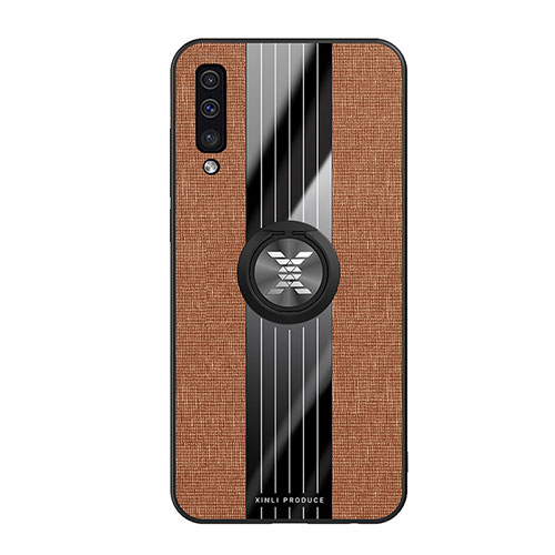 Ultra-thin Silicone Gel Soft Case Cover with Magnetic Finger Ring Stand X02L for Samsung Galaxy A30S Brown