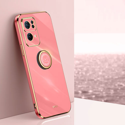 Ultra-thin Silicone Gel Soft Case Cover with Magnetic Finger Ring Stand XL1 for Oppo Reno7 Pro 5G Hot Pink