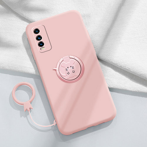 Ultra-thin Silicone Gel Soft Case Cover with Magnetic Finger Ring Stand YK1 for Vivo Y11s Pink