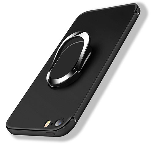 Ultra-thin Silicone Gel Soft Case with Finger Ring Stand A01 for Apple iPhone 5S Black