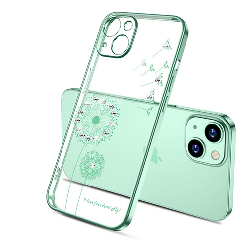Ultra-thin Transparent Flowers Soft Case Cover for Apple iPhone 14 Green