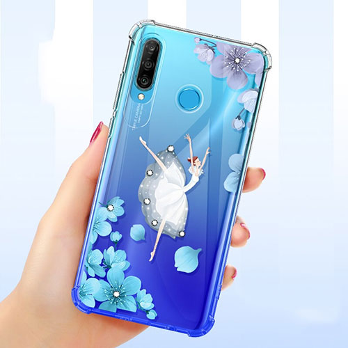 Ultra-thin Transparent Flowers Soft Case Cover for Huawei P30 Lite XL Blue
