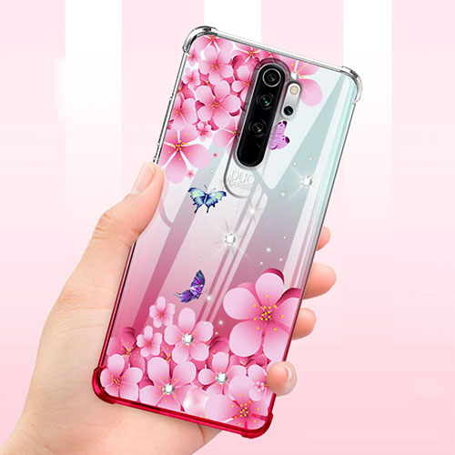 Ultra-thin Transparent Flowers Soft Case Cover T01 for Xiaomi Redmi Note 8 Pro Hot Pink