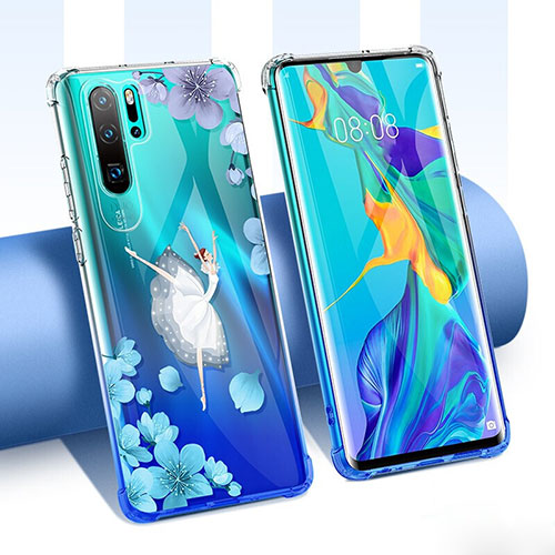 Ultra-thin Transparent Flowers Soft Case Cover T02 for Huawei P30 Pro Blue
