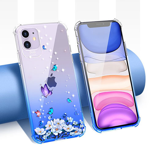 Ultra-thin Transparent Flowers Soft Case Cover T04 for Apple iPhone 11 Purple