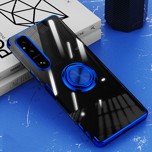 Ultra-thin Transparent TPU Soft Case Cover with Magnetic Finger Ring Stand AN1 for Sony Xperia 1 V Blue