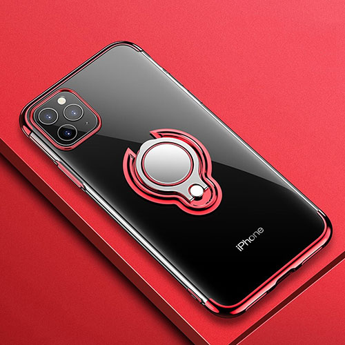 Ultra-thin Transparent TPU Soft Case Cover with Magnetic Finger Ring Stand C01 for Apple iPhone 11 Pro Max Red
