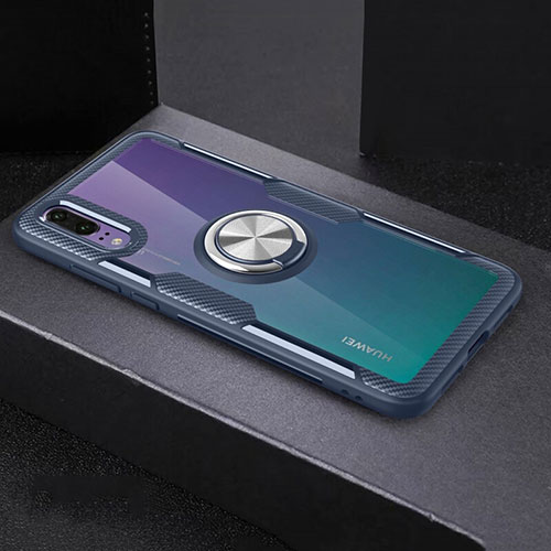 Ultra-thin Transparent TPU Soft Case Cover with Magnetic Finger Ring Stand C01 for Huawei P20 Blue