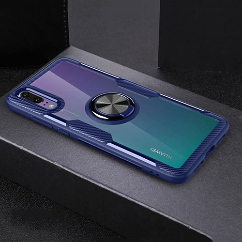 Ultra-thin Transparent TPU Soft Case Cover with Magnetic Finger Ring Stand C01 for Huawei P20 Sky Blue