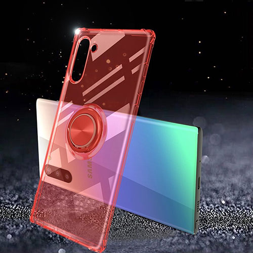 Ultra-thin Transparent TPU Soft Case Cover with Magnetic Finger Ring Stand C01 for Samsung Galaxy Note 10 5G Red