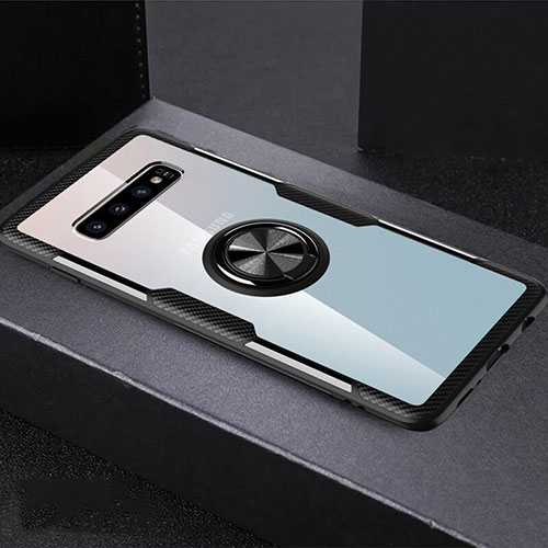 Ultra-thin Transparent TPU Soft Case Cover with Magnetic Finger Ring Stand C01 for Samsung Galaxy S10 Plus Black