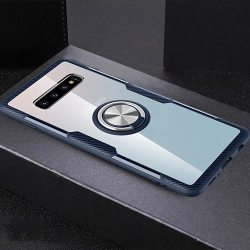 Ultra-thin Transparent TPU Soft Case Cover with Magnetic Finger Ring Stand C01 for Samsung Galaxy S10 Plus Blue