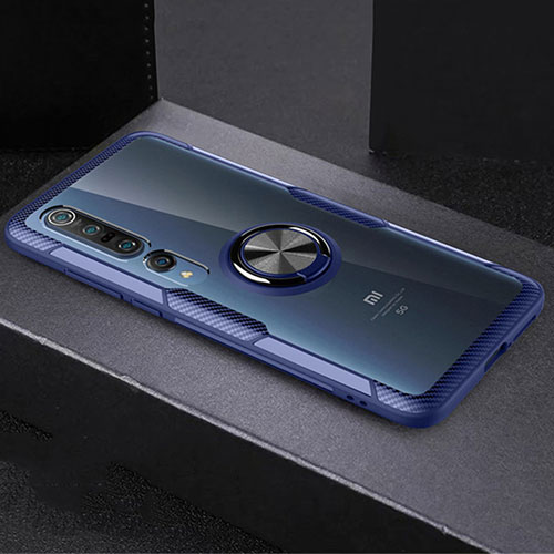 Ultra-thin Transparent TPU Soft Case Cover with Magnetic Finger Ring Stand C01 for Xiaomi Mi 10 Pro Blue