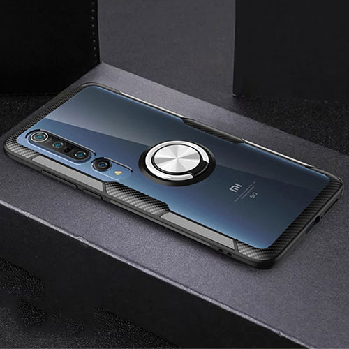 Ultra-thin Transparent TPU Soft Case Cover with Magnetic Finger Ring Stand C01 for Xiaomi Mi 10 Pro Silver and Black