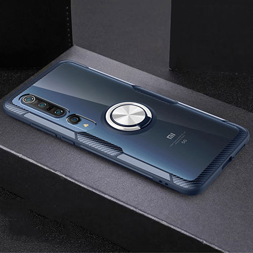 Ultra-thin Transparent TPU Soft Case Cover with Magnetic Finger Ring Stand C01 for Xiaomi Mi 10 Pro Sky Blue