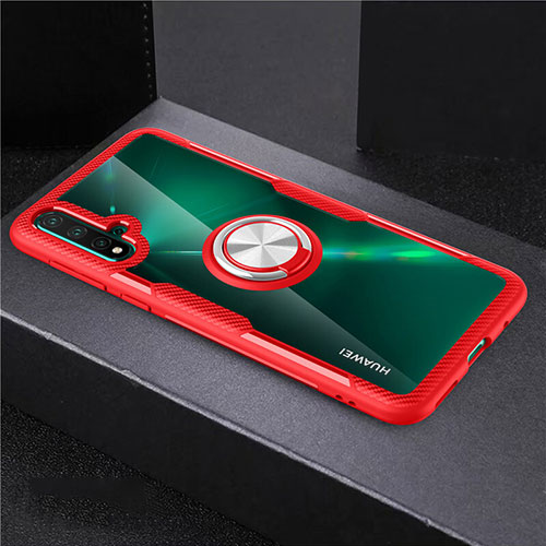 Ultra-thin Transparent TPU Soft Case Cover with Magnetic Finger Ring Stand C02 for Huawei Nova 5 Pro Red