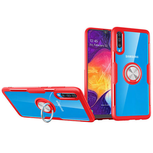 Ultra-thin Transparent TPU Soft Case Cover with Magnetic Finger Ring Stand C02 for Samsung Galaxy A70 Red