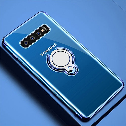 Ultra-thin Transparent TPU Soft Case Cover with Magnetic Finger Ring Stand C02 for Samsung Galaxy S10 Plus Blue