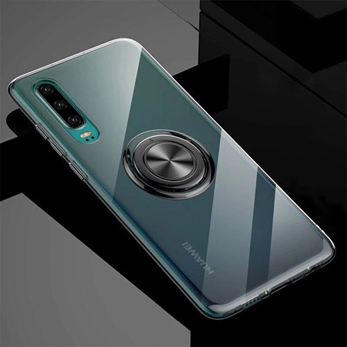 Ultra-thin Transparent TPU Soft Case Cover with Magnetic Finger Ring Stand C03 for Huawei P30 Gray