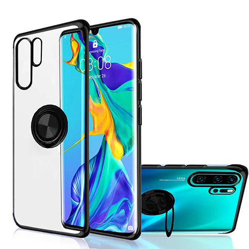 Ultra-thin Transparent TPU Soft Case Cover with Magnetic Finger Ring Stand C04 for Huawei P30 Pro New Edition Black